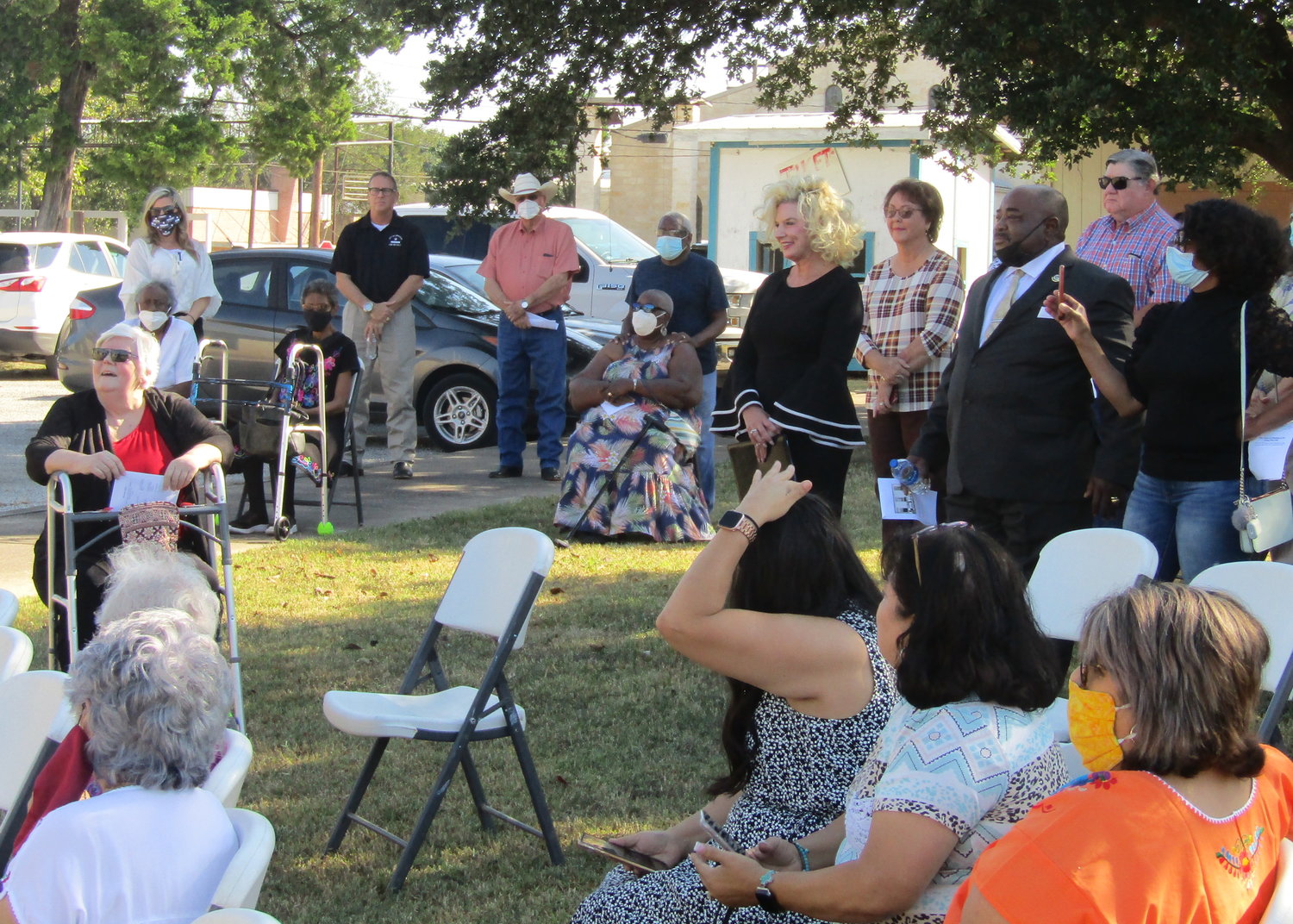 Gonzales County historian Glenda Gordon, far left, helped mark the special occasion along with alumni of the school, Main Street director Liz Reiley, Gonzales City Manager Tim Patek, Gonzales Mayor Connie Kacir and other dignitaries.