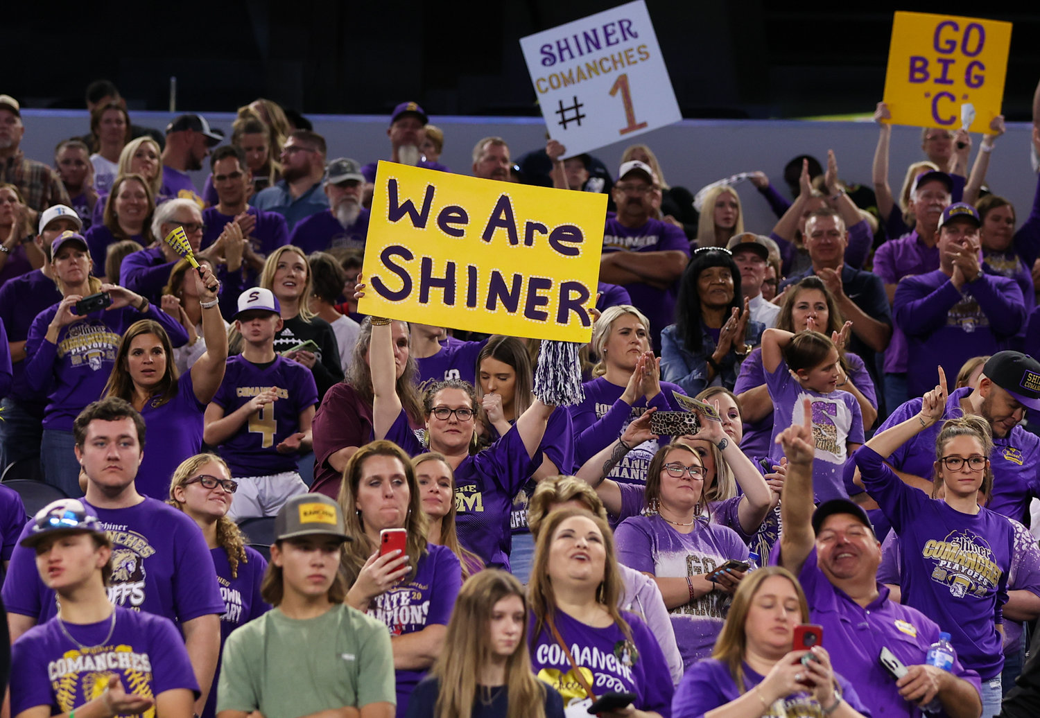 Shiner Comanches fans cheer after a 47-12 win over Hawley in the Class 2A Division I state football championship game on December 15, 2021 in Arlington, Texas.