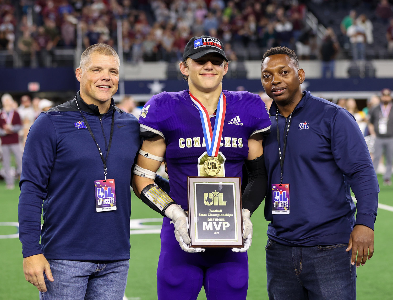Shiner Comanches senior Eli Fric (8) was named defensive MVP of the Class 2A Division I state football championship game between Shiner and Hawley on December 15, 2021 in Arlington, Texas. Shiner won 47-12.