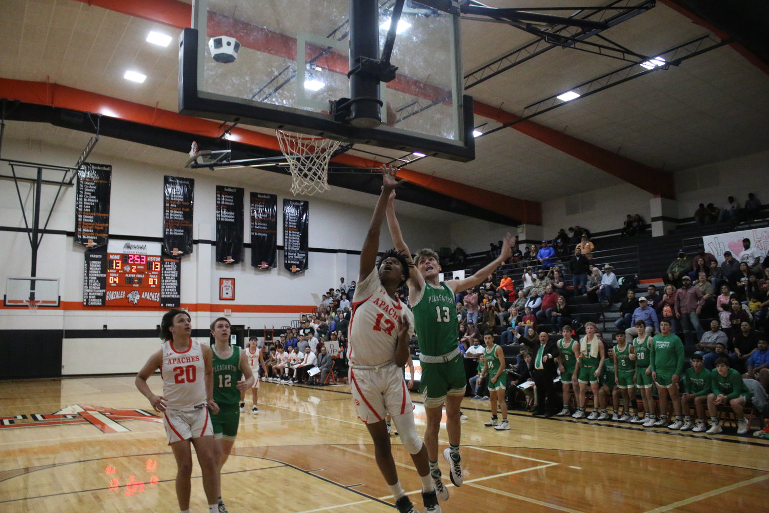 Gonzales forward Alex Escobedo follows up an offensive rebound with a putback into the hoop in the first quarter of the Apaches’ 62-44 loss to Pleasanton on Tuesday, Feb. 8. Escobedo scored 16 points and was an offensive bright spot for Gonzales.