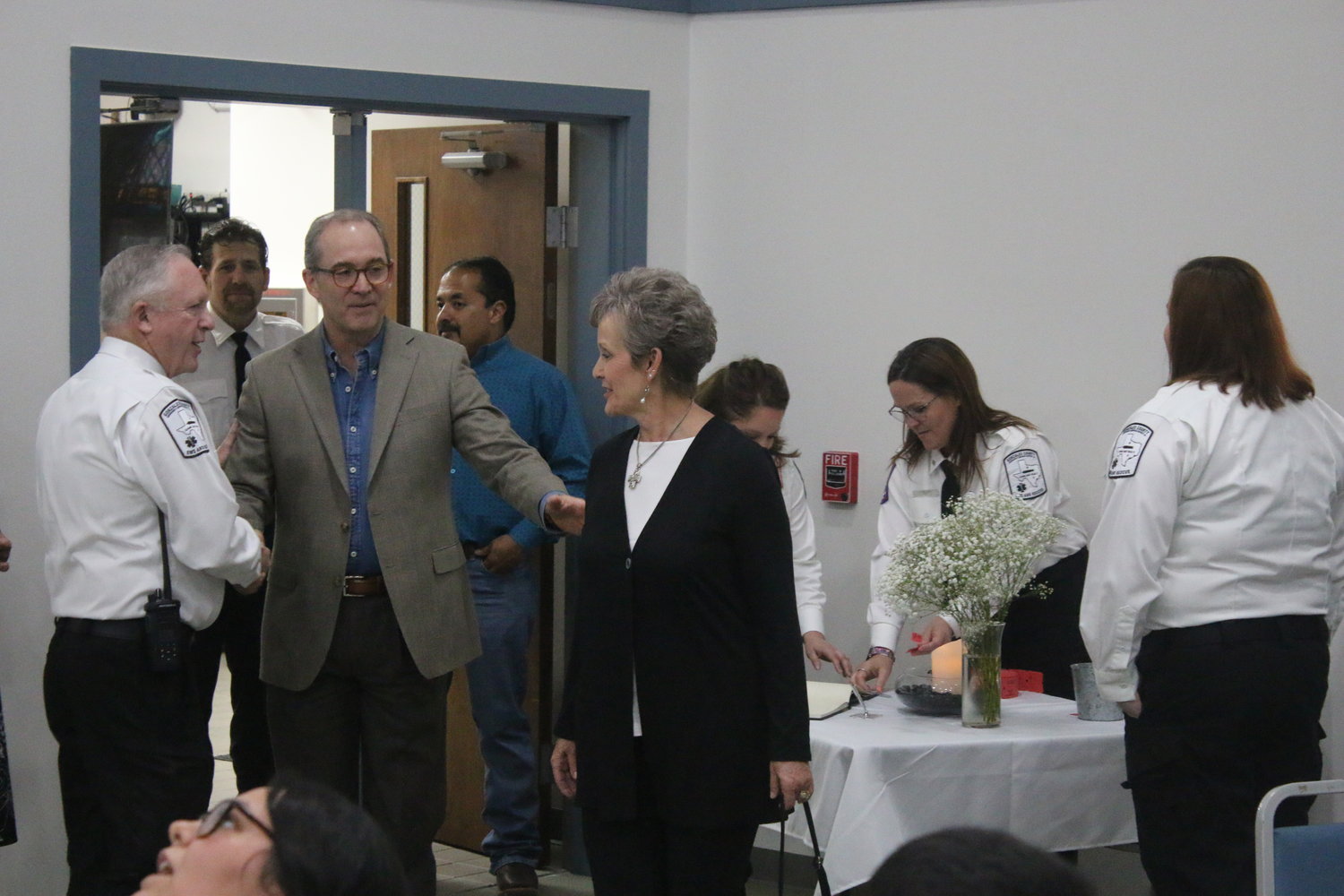 Gonzales County Emergency Services District #1 executive director Eddie Callendar Jr., left, welcomes board vice president Dr. Commie Hisey, center, to the GCESD’s first-ever banquet on Tuesday, March 29. The agency officially celebrated its second anniversary on March 30.