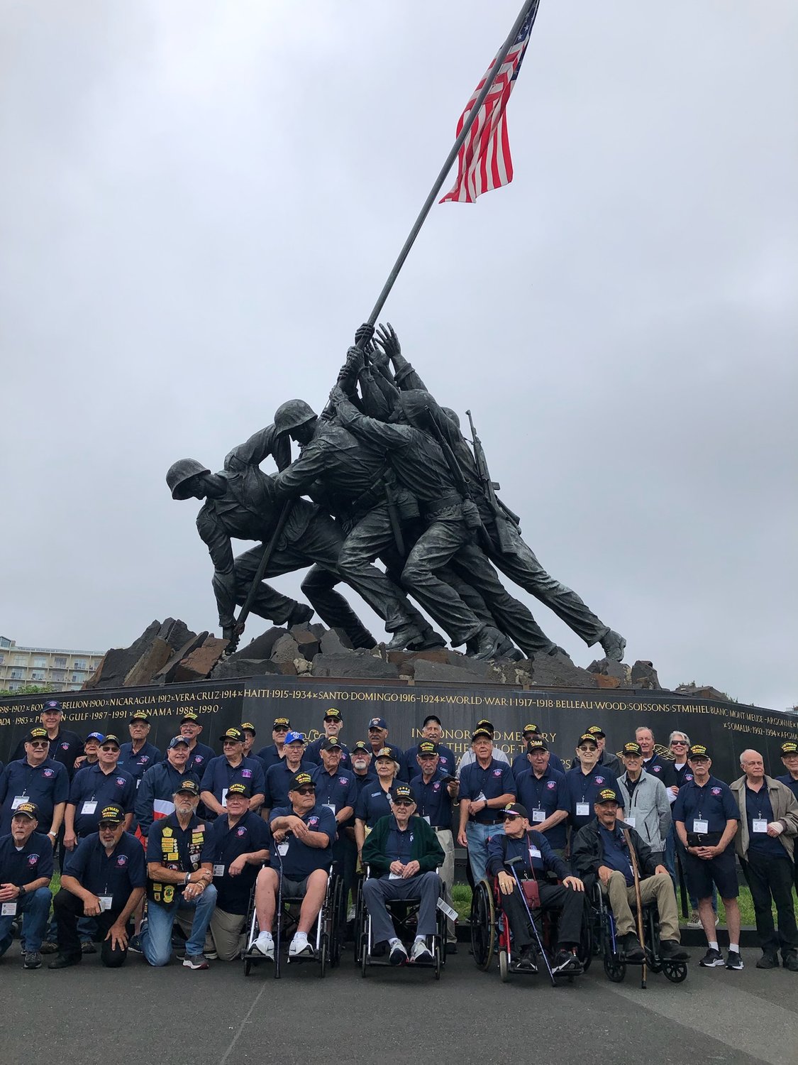 Veterans (WWII, Korean and Vietnam) across at the Texas at Iwo Jima Memorial or known as the Marine Corps War Memorial in May. The Honor Flight Austin flew veterans prior of 1975 to Washington D.C. to visit their respective memorials.