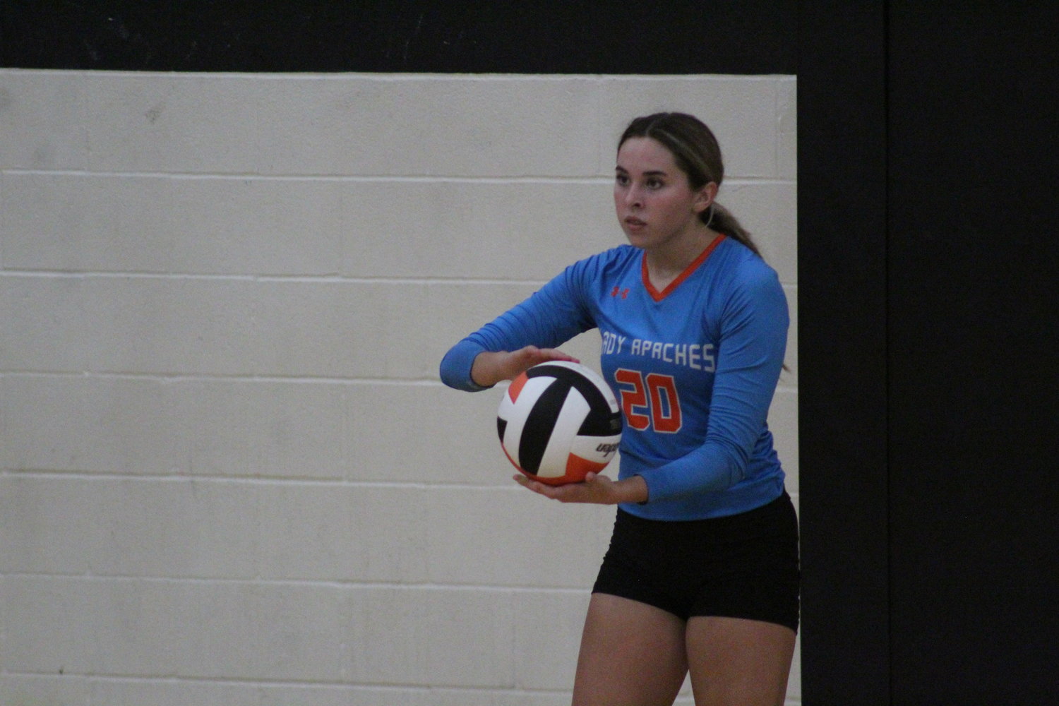 Hannah Avant at serve for the Lady Apaches against the Lehman Lady Lobos Tuesday, Aug. 23. Gonzales swept both Lehman and Luling in their home tri-match.