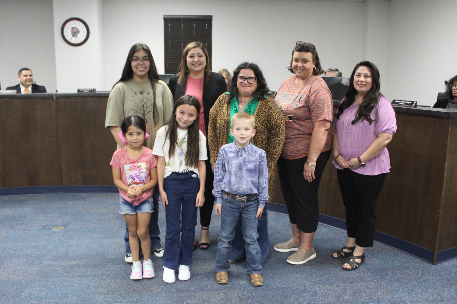 The Gonzales ISD school recognizes the hard work from students and staff in the Monday, Jan. 9 meeting. Front row: first grader Alondra Castillo, fourth grader Olivia Kuntschik, and pre-kindergarter Dylan King. Back row: eight grader Peyton Olivares, Gonzales Primary Academy registrar Emily Parra, Gonzales North Avenue special education chair Kristi Gold, Gonzales Junior High math teacher Tracey Patek, Gonzales High School counselor Veronica Powell. NOT Pictured: Gonzales Elementary bilingual paraprofessional Martha Espinosa and junior Rafael Rodriguez Jr.