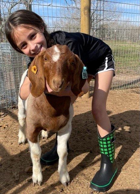 Teresa Cunningham, 9, hugs her goat, Finn. She will be showing Finn at the Gonzales County Youth Show this week. The show is in its 69th year.