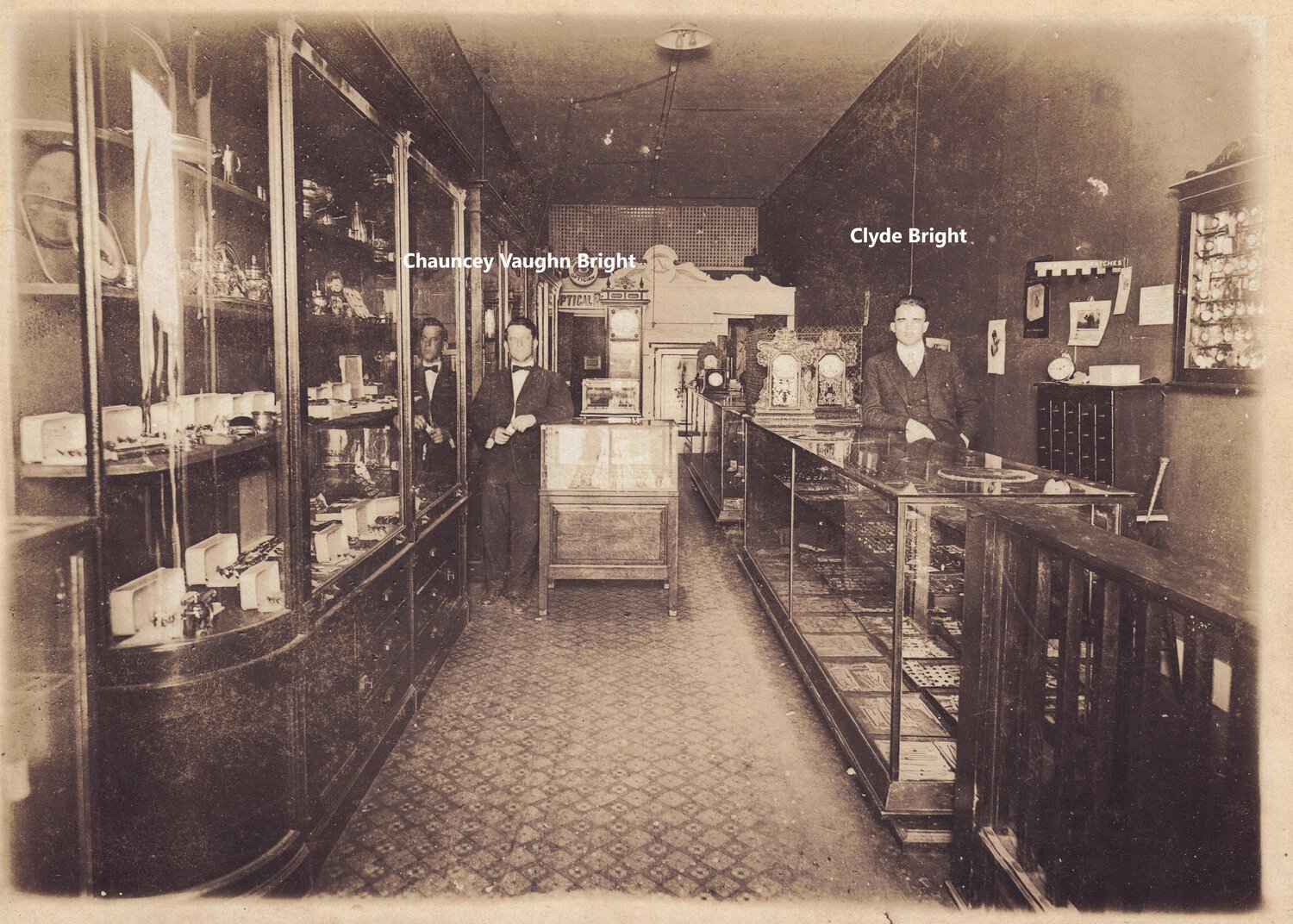Storey Jewelry in 1903 with store founder Chauncey Vaughn Bright (left) and Clyde Bright (right).