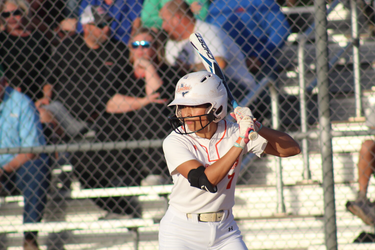 Lady Apaches junior center fielder Sarah Padilla (7) at bat for Gonzales against Cuero Monday, March 25.