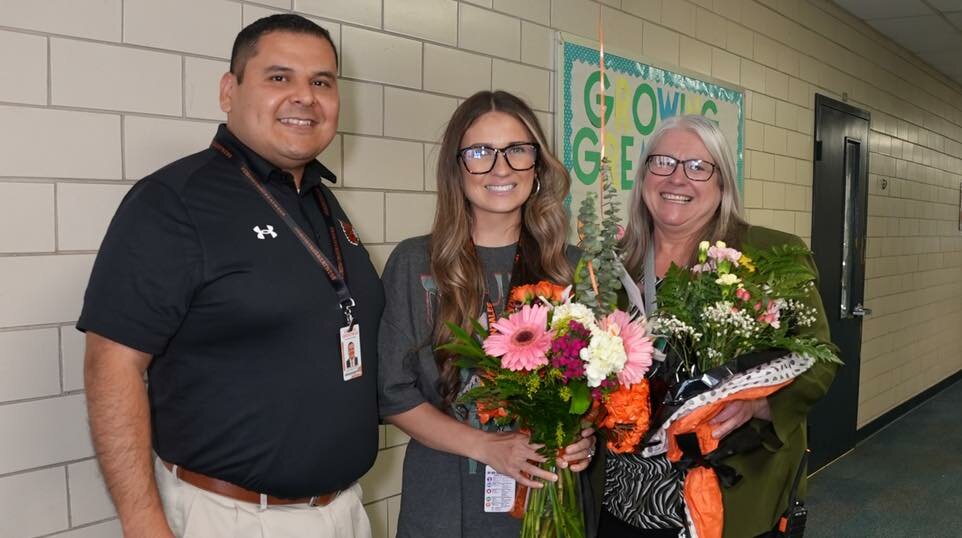Vanessa Chapa-Gibson.

Dr. A with Gonzales Junior High Teacher of the Year D’laine Easley and Principal Karen Perez.