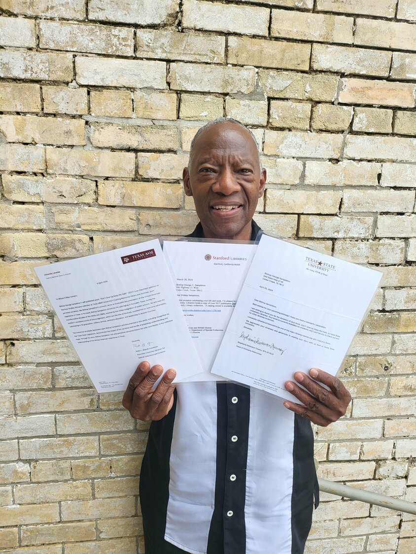 Bishop George Sampleton, a Gonzales native, holds letters from Stanford University, Texas A&M University and Texas State University stating his self-published book, “Don’t Give Up Keep the Faith,” has been added to their library catalogs.