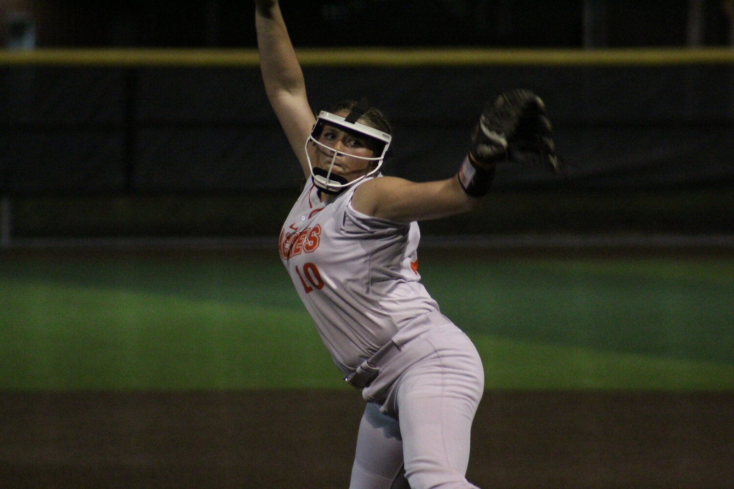 Gonzales freshman pitcher Dixie Rae Lester (10) pitches for the Lady Apaches in the area match against Needville Thursday, May 2. Lester struck out 10 Needville batters in the area round loss to the Lady Bluejays.