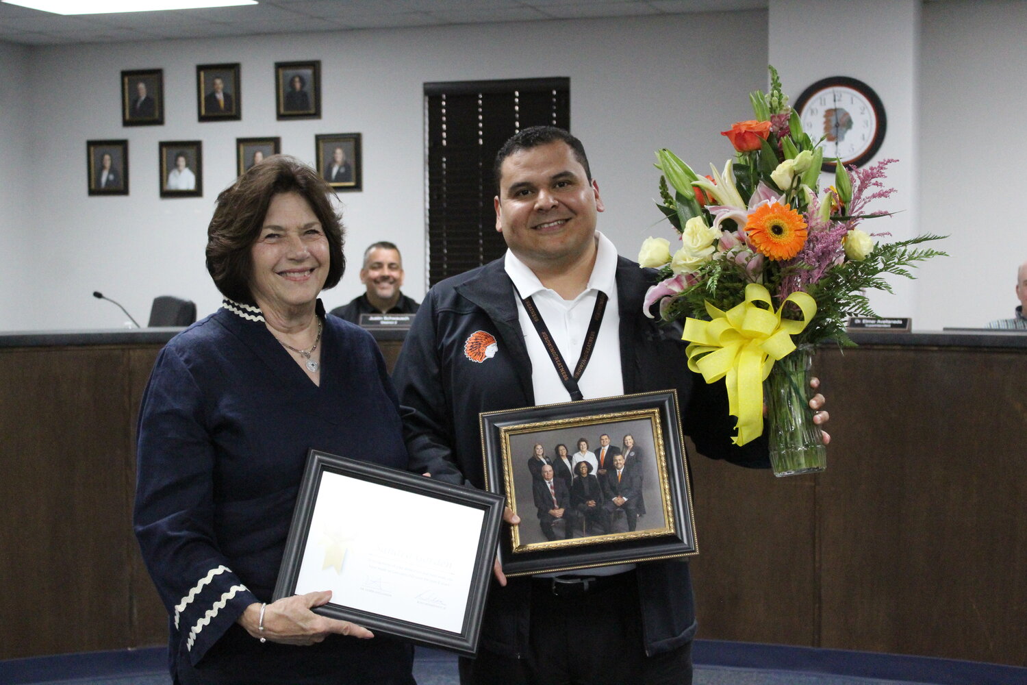 Sandra Gorden with GISD Superintendent Dr. Elmer Avellaneda. Avellaneda gave Gorden a special recognition from the school district for her service on the school board Monday, May 12.