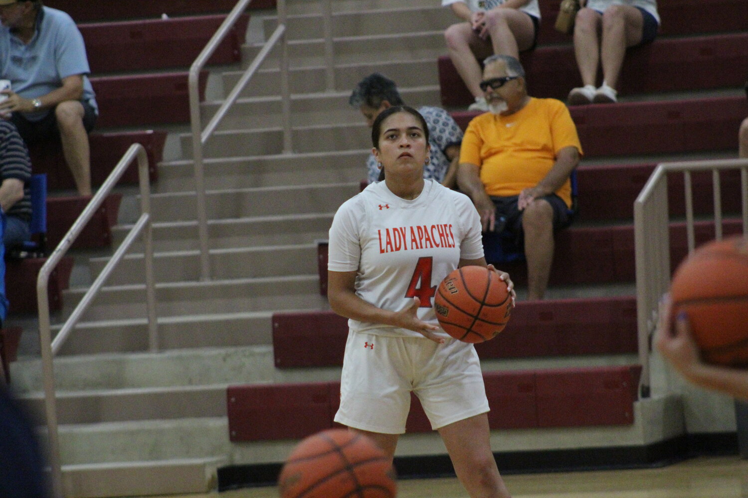 Lady Apaches senior Haley Cantu shoot pre-game shots for the East All-Star Girls Basketball team Saturday, May 18.