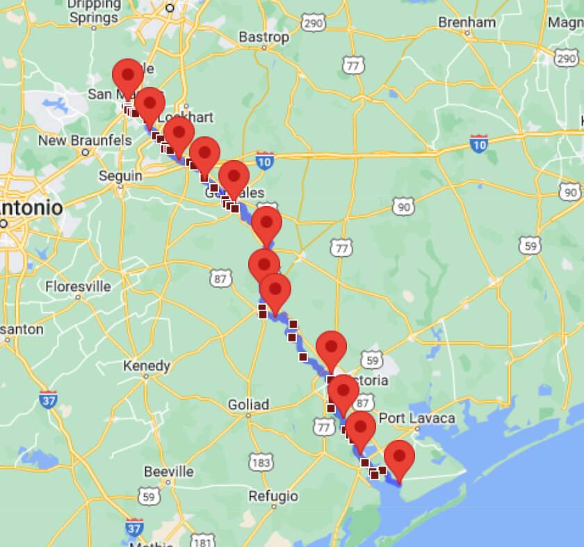A map of the Texas Water Safari course from San Marcos to Seadrift.