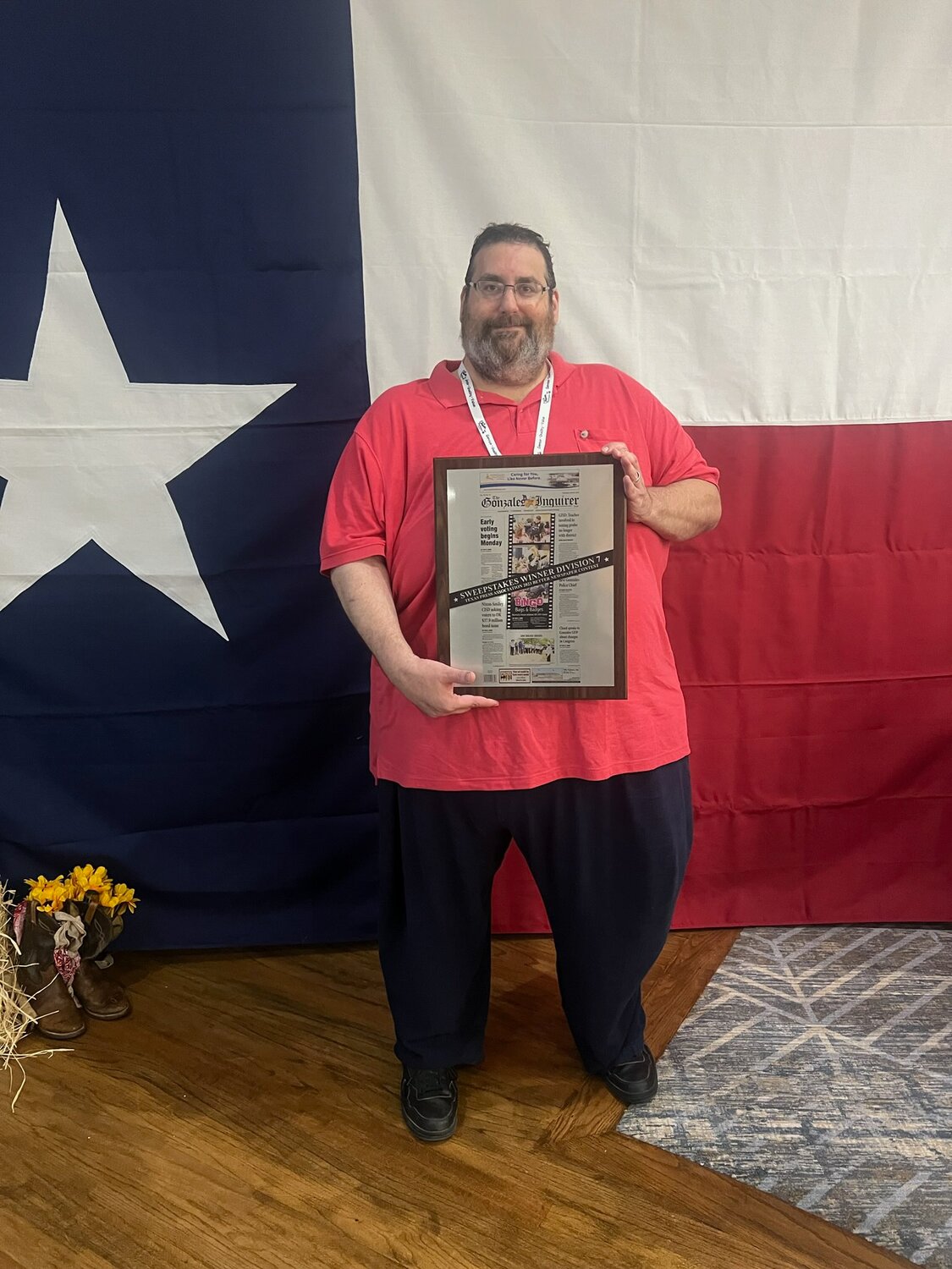 Gonzales Inquirer Publisher Lew K. Cohn holds the 2023 Sweepstakes Plaque for Division 7 of the Texas Press Association Better Newspaper Contest. The Inquirer has now won consecutive sweepstakes awards — the highest honor a newspaper can receive from the state press association.