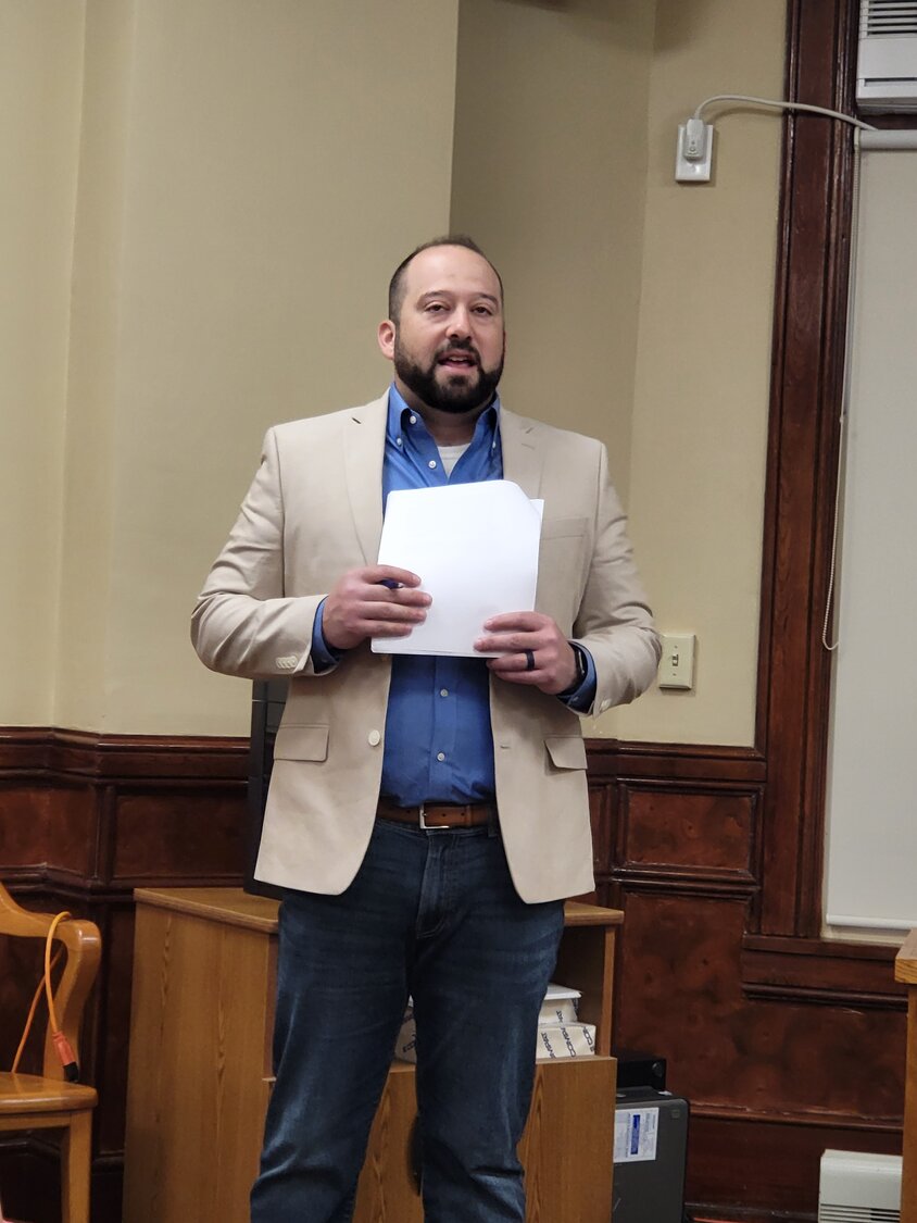 Attorney Eric Gomez of the Braun & Gresham law firm in Dripping Springs talks to commissioners about updating the subdivision ordinance in May.