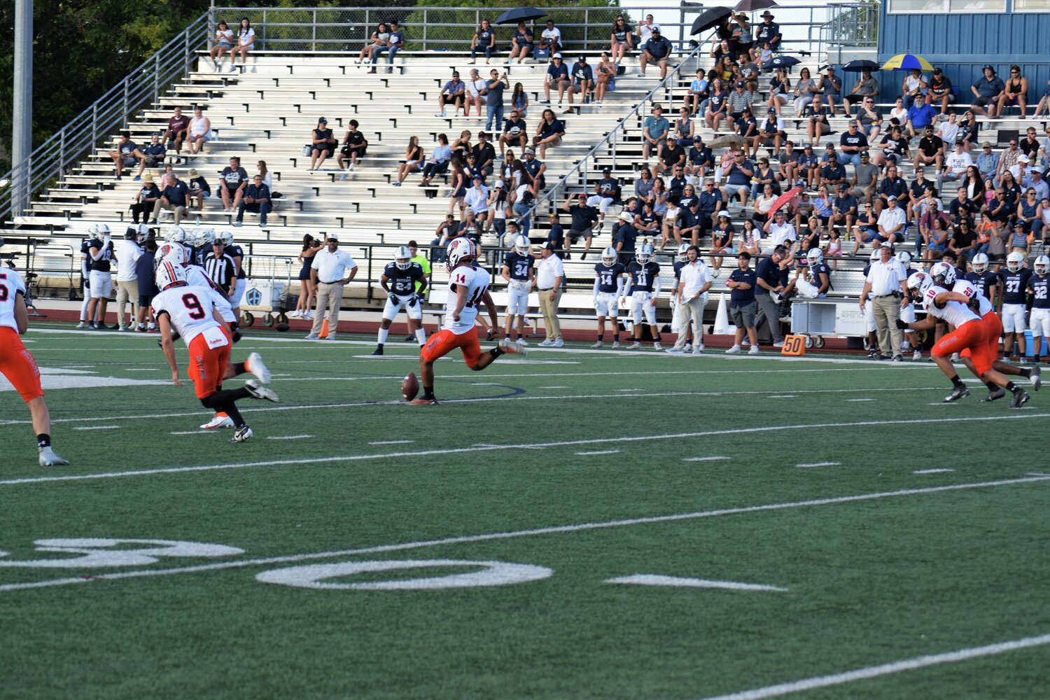 Gonzales sophomore kicker Brandon Duenez (14) kicks off the 2024 Texas High School Football season for the Apaches in the season opener. The Gonzales Apaches opened the season on the road against the Central Catholic Buttons in San Antonio Friday, Aug. 30.