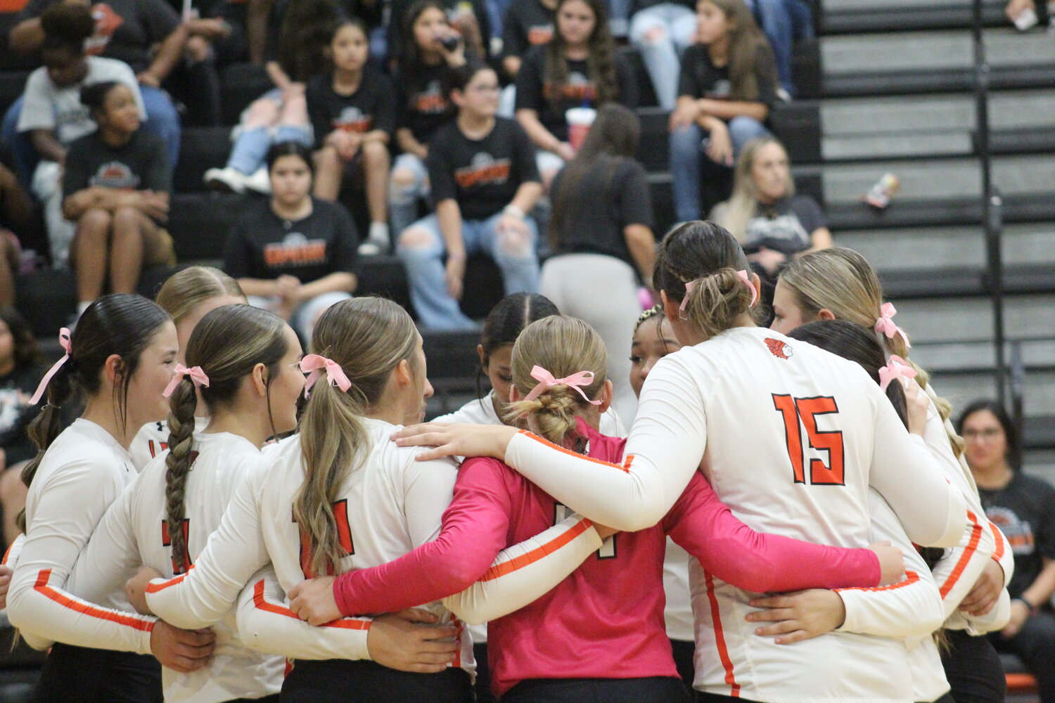 The Gonzales Lady Apaches in their pre-match huddle against the Cuero Lady Gobblers Tuesday, Oct. 1.