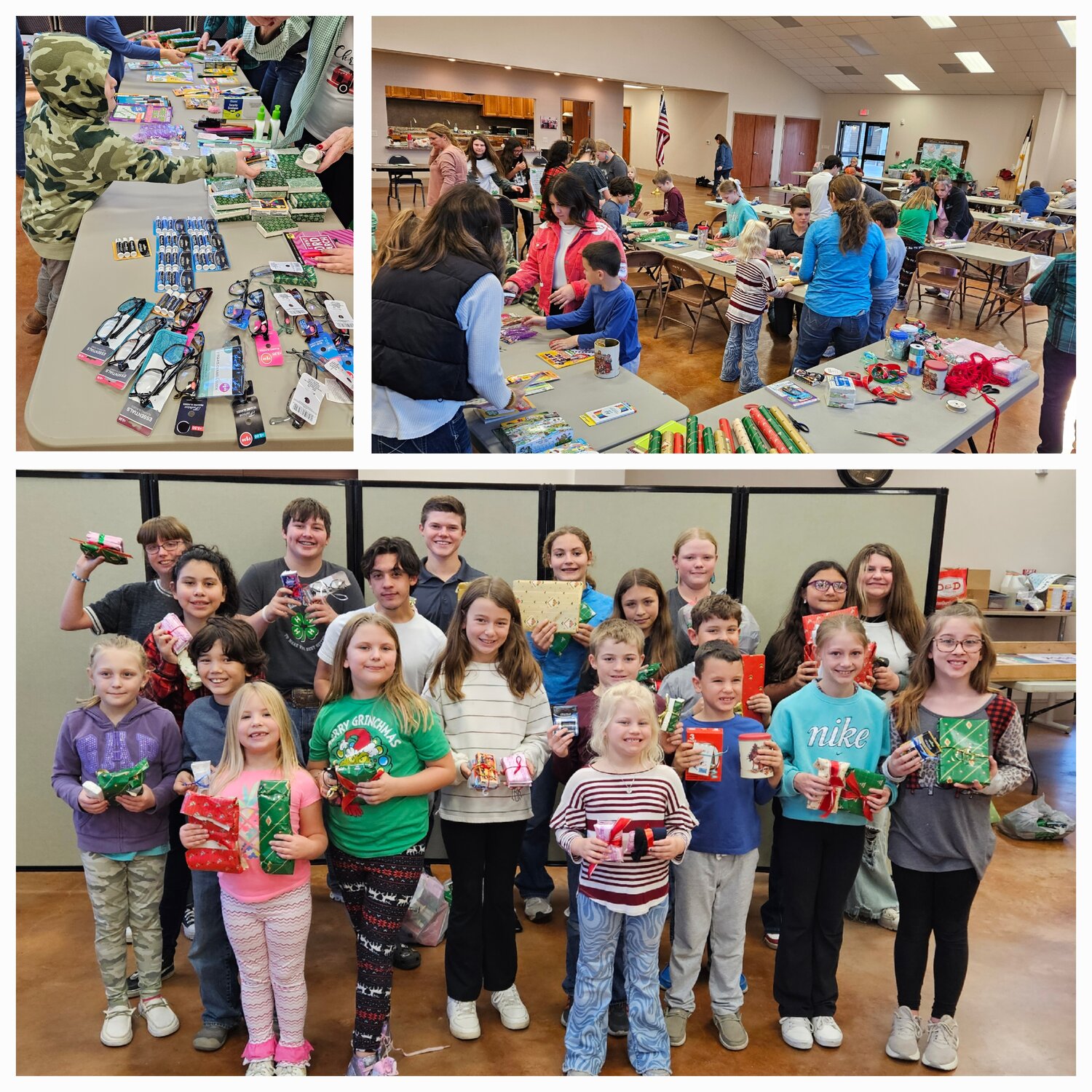 Some of the donated items, busy club member elves wrapping packages for special people in the community, and Green Clover 4-H Club members. Pictured Left to Right:  Club members Gracie and Jamesley Hilt at the Romberg House, club member Arriyanna Martinez and Club Manager Fayerene Smith at Texan Nursing and Rehab, and lastly at the Heights of Gonzales club members Lucy and Arriyanna Martinez.
