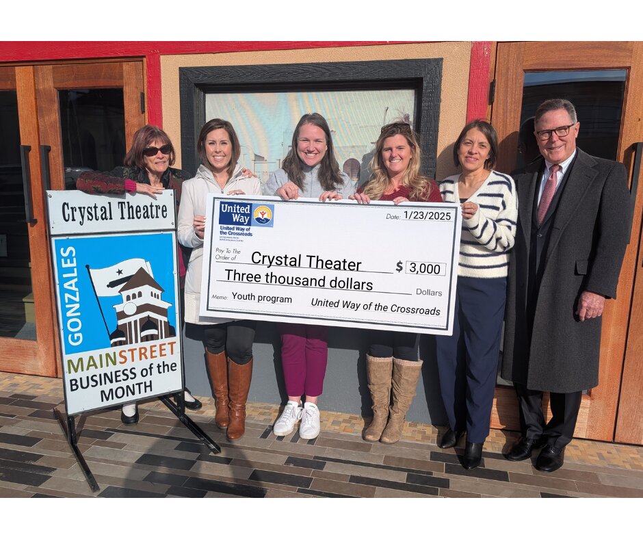 Crystal Theater (Gonzales County) received $3,000 for youth programming. Pictured is Crystal Theater director and founder Barbara Crozier along with Crystal Theater board members and UWC executive director Bethany Castro.