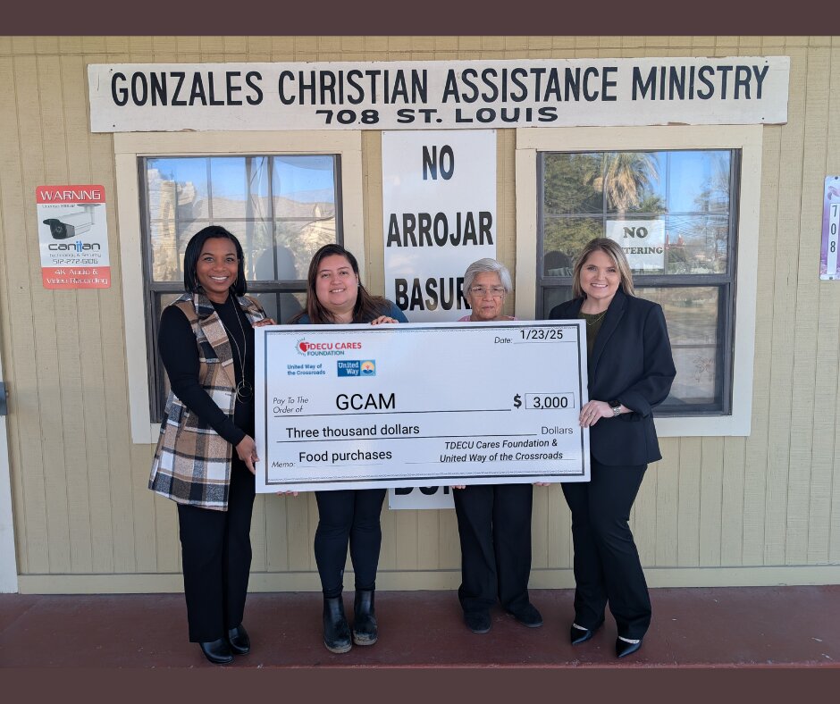 Gonzales Christian Assistance Ministry- GCAM (Gonzales County) received $3,000 for food purchases. Pictured from left to right is TDECU Cares Foundation executive director Crystal Harris, GCAM executive director Michelle Tucker, GCAM board treasurer Lupe Saldaña and TDECU community development manager Kristina Booth.