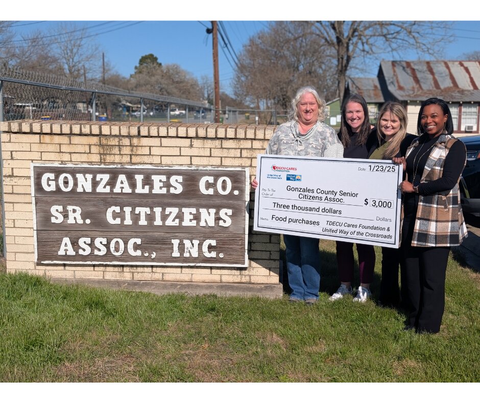 Gonzales County Senior Citizens Association (Gonzales County) received $3,000 for senior meals. Pictured from left to right is Gonzales County Senior Citizens Association executive director Kari Breitschopf, UWC executive director Bethany Castro, TDECU Cares Foundation executive director Crystal Harris, and TDECU community development manager Kristina Booth.
