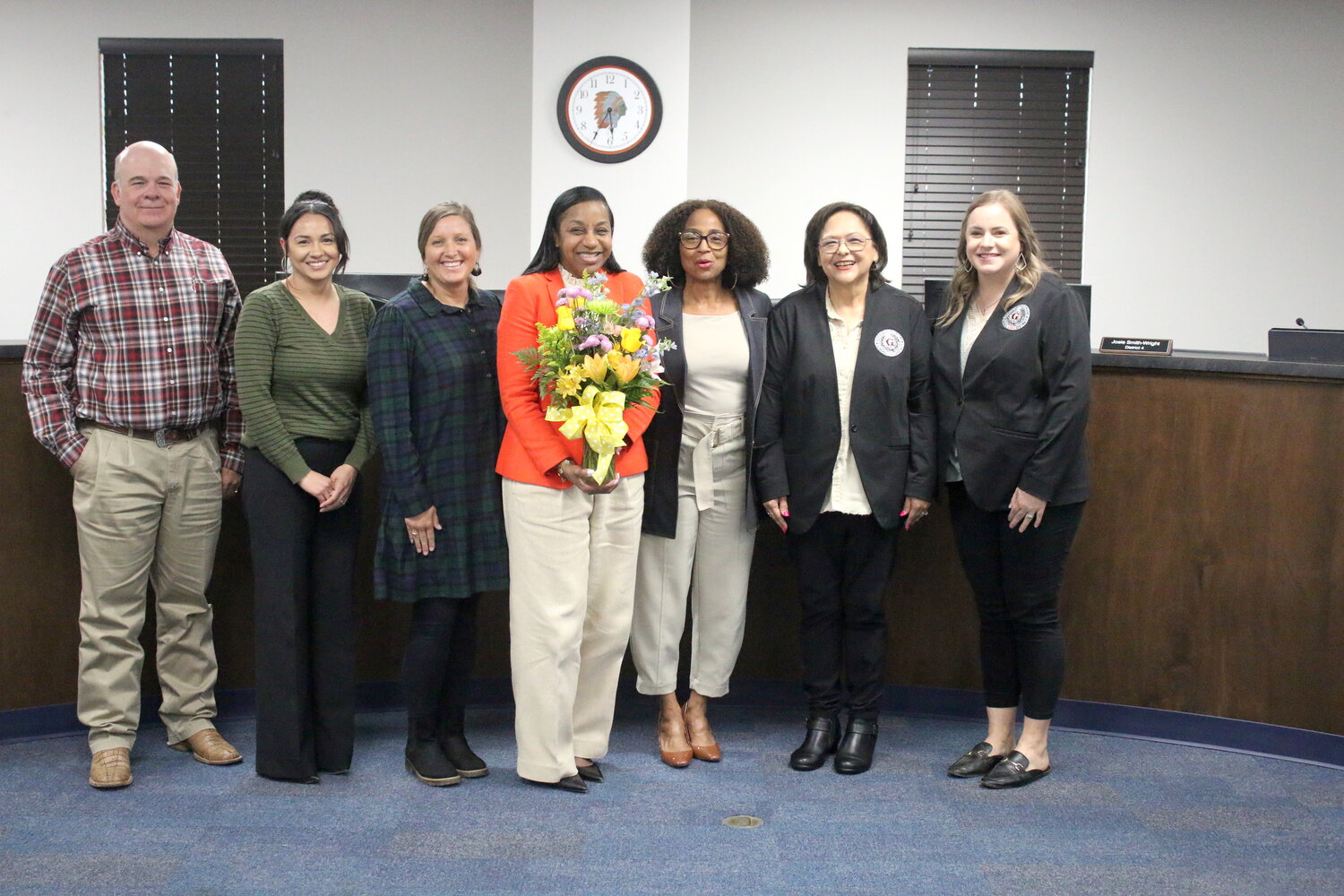 From left, Board President Ross Hendershot III, Trustee Naomi Brown, Trustee D'Anna Robinson, Dr. Dana Arreola, Trustee Josie Smith-Wright, Trustee Gloria Torres and Trustee Ashley Molina.