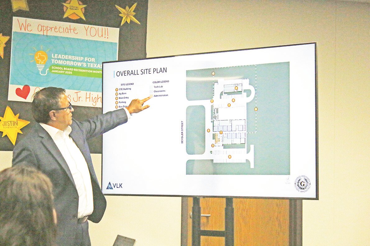 Michael Martinez of VLK Architects explains the overall site plan for the new Gonzales ISD CTE building and Ag barn during a March 10 GISD board meeting. Construction could begin within three weeks.