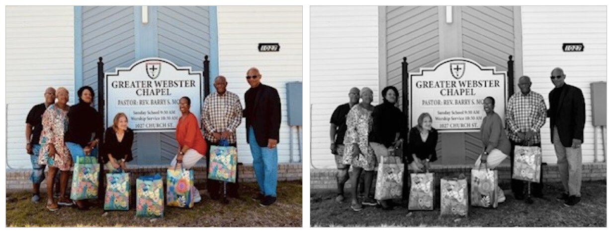 A special moment in this journey was receiving a generous donation of 150 socks from members of Greater Webster Methodist Church. Pictured in this moment of kindness are Debbie Marshall alongside members of the congregation: Lawrence Strait, Shirlette Williams, Sharon Hastings-Broom, Debbie Marshall, Angela Moore, Alton Allen, and Pastor Barry Moore.