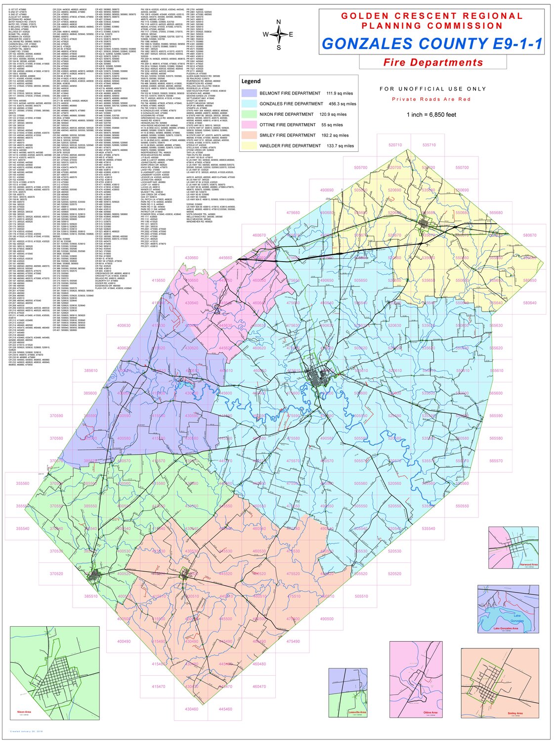 The Smiley and Nixon fire departments are merging into a single department that will handle all of the area in green and orange in the E9-1-1 map — almost the entire southern end of Gonzales County (and about a quarter of the total area).