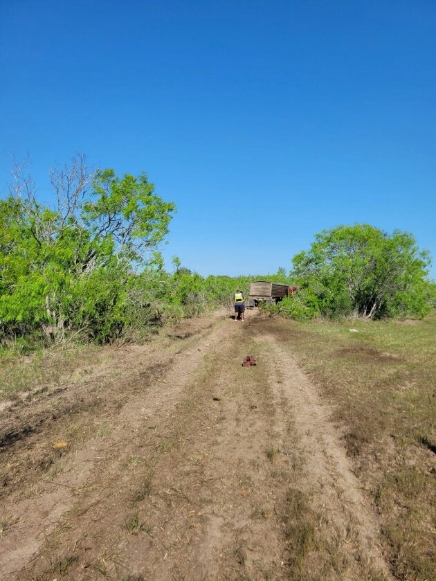 A tractor-trailer that collided with a Volkswagen on US 183 about six miles south of Gonzales ended up deep into a pasture on the east side of the highway.