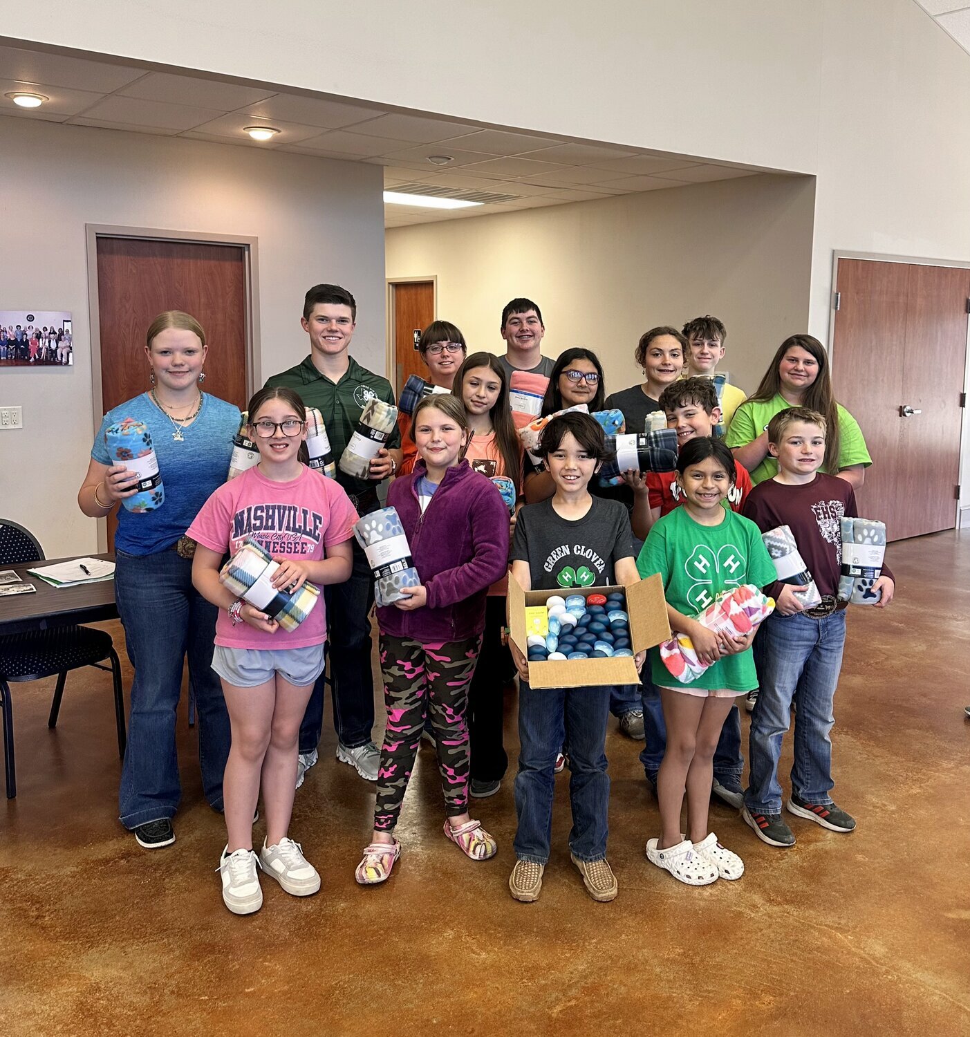 Members of the Green Clover 4-H Club collected items for the 4-H State Round-Up statewide community service project during their April meeting.