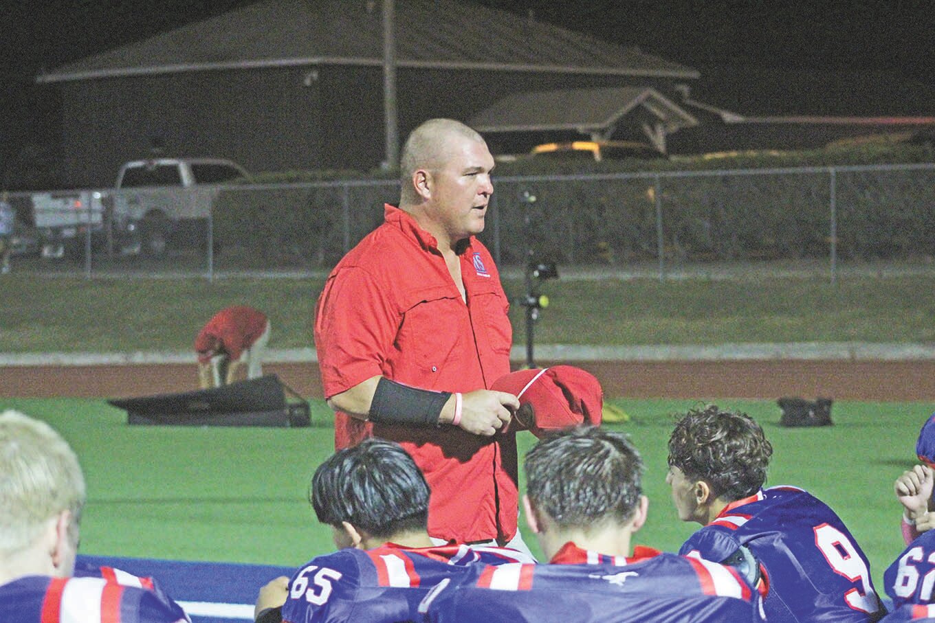 Paul Kirby addresses his team following a home game at Mustang Stadium. Kirby returned to Nixon-Smiley as head football coach in 2024 and now will be the athletic director.