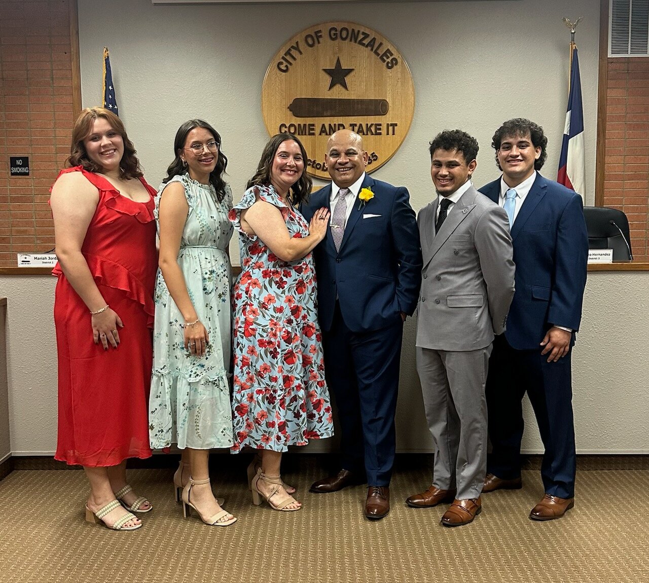 Mayor Isaac Anzaldua, fourth from left, with his family members: daughter Haley Bairrington, daughter Kylee Bairrington, wife Kena, son Corey Anzaldua and son Nico Anzaldua.