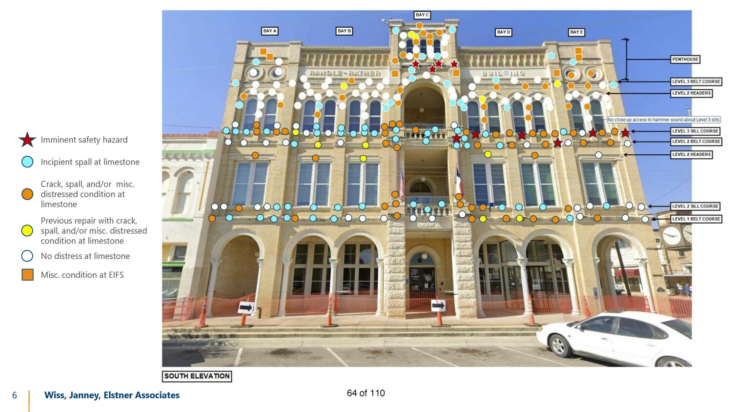 A mockup shows areas of concern within the facade of the Randle-Rather building due to deterioriation of the limestone.