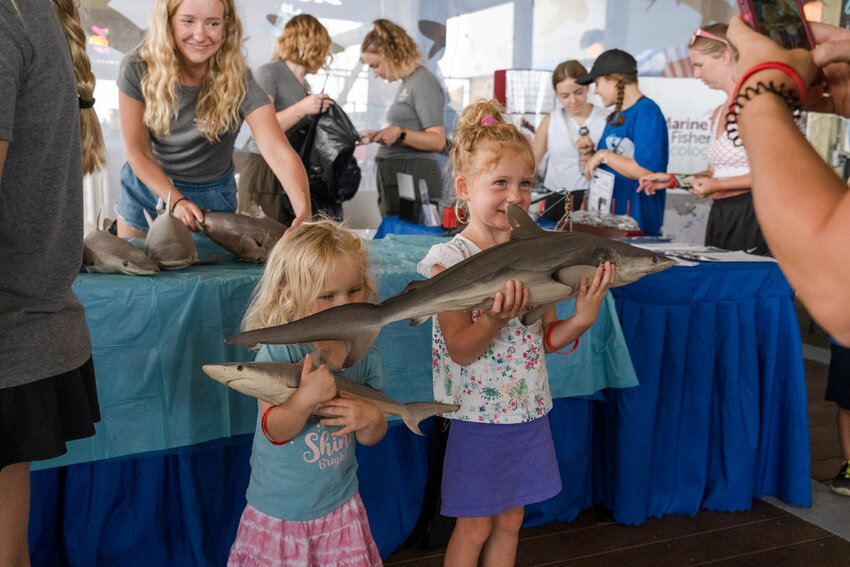 Two young girls have their picture taken shark specimens at the Gulf State Pier as a part of the park’s annual Shark Week.