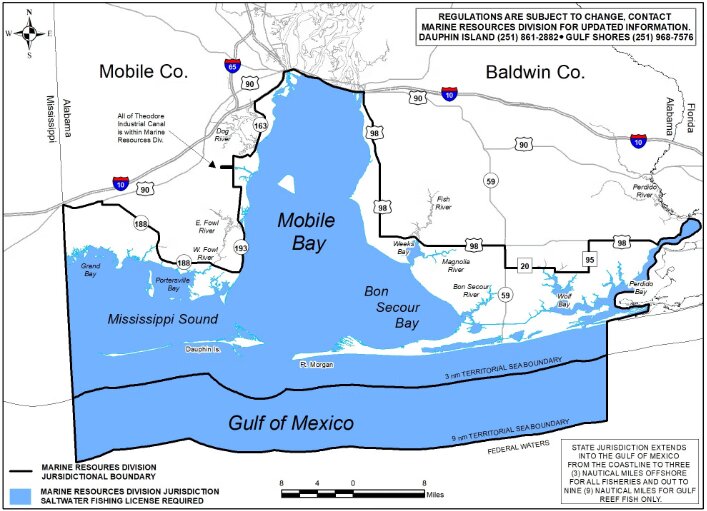 Fishing anywhere marked blue requires a saltwater fishing license.