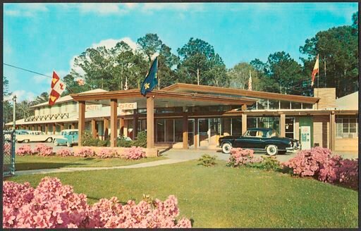 Spanish Fort Motel is located on a spacious, beautifully landscaped grounds 8 miles east of Mobile where U.S. 31 intersects U.S. 90 and U.S. 98, overlooking Mobile Bay. It is the historic battlefield site of the Battle of Spanish Fort, April 8-9, 1865. The motel is luxuriously furnished, air-conditioned and electrically heated. Color TV - it has a large crystal clear swimming and wading pool; playgrounds; and complete hotel service including excellent restaurant adjacent. Date: ca. 1960–1979. Sourced from Digital Commonwealth website.