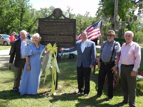 From left, Baldwin County Commissioner Frank Burt, Claudia Slaughter Campbell, chairman of the Baldwin County Historic Development Commission&rsquo;s Historic Marker Committee; Baldwin County Commission Chairman Chris Elliott; Committee Member Creighton C. &ldquo;Peco&rdquo; Forsman and BCHDC President Bob Glennon.