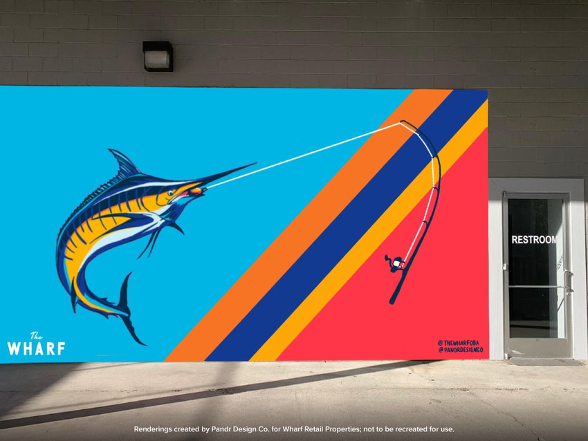 Southern California-based Pandr Design Co. founders and artists,  Roxy Prima and Phoebe Cornog are in Orange Beach installing  two murals at The Wharf. The design for each mural features  eye-popping colors, interactive elements and play into all that The  Wharf has to offer.