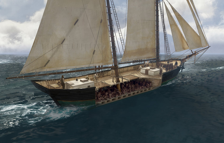In this illustration, kidnapped people being ferried toward slavery can be seen in the cargo hold of the Clotilda.
