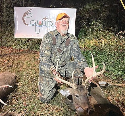 The 8-point taken by Melvin Dobbs during an Equip Ministries hunt in Sumter County was not what it appeared. The deer's rack had a scoreable point on one of its bases. It was only after the deer was hoisted on the skinning rack that the hunters discovered it was different.