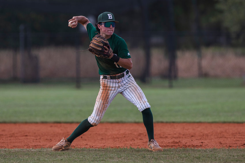 Bayshore Christian&rsquo;s Streed Crooms prepares to fire a throw to first during the Eagles&rsquo; state quarterfinal series against the Berry Wildcats at Coastal Church in Daphne May 5. The 1A State Championship MVP recently announced his commitment to Lurleen B. Wallace Community College.