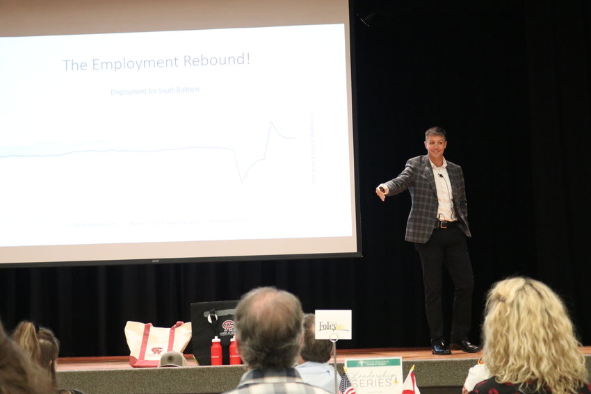 Josh Duplantis spoke at the South Baldwin Chamber of Commerce&rsquo;s Leadership Series on Tuesday, Aug. 23. Duplantis gave an update on workforce trends both locally and nationally.