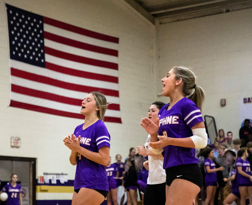 The Daphne Trojans run off the court for a timeout during the area match against the McGill-Toolen Yellow Jackets at Daphne High School Sept. 20. The Trojans checked in at No. 37 in MaxPreps&rsquo; state rankings updated Monday with the regular season winding down.