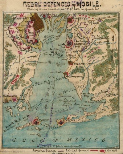 A historical map shows the location of many of the ships and troops that took part in the campaign for Mobile during the Civil War. The region is home to the largest action of the war that took place in Alabama.