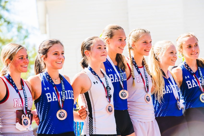 Elberta&rsquo;s Aubrey Faino (third from left) finished fifth at the Class 5A Section 1 Championship meet in Bay Minette and joined Bayside Academy&rsquo;s Catherine Doyle, Annie Midyett, Shelby Fargason, Presley Putnam, Amelia Wells and Grace Dawson in the top 10 to advance to the state championship meet this Saturday. Baldwin County runners will take up 7.51% of the state field.