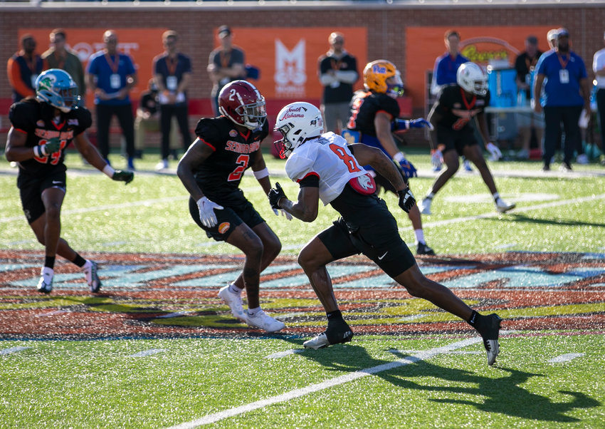 Spanish Fort alum Jalen Wayne gets a release during drills at Tuesday&rsquo;s opening practice for the Senior Bowl at Hancock Whitney Stadium in Mobile. Wayne is one of two South Alabama Jaguars participating in the college football all-star game, marking just the second time the program has had two representatives.