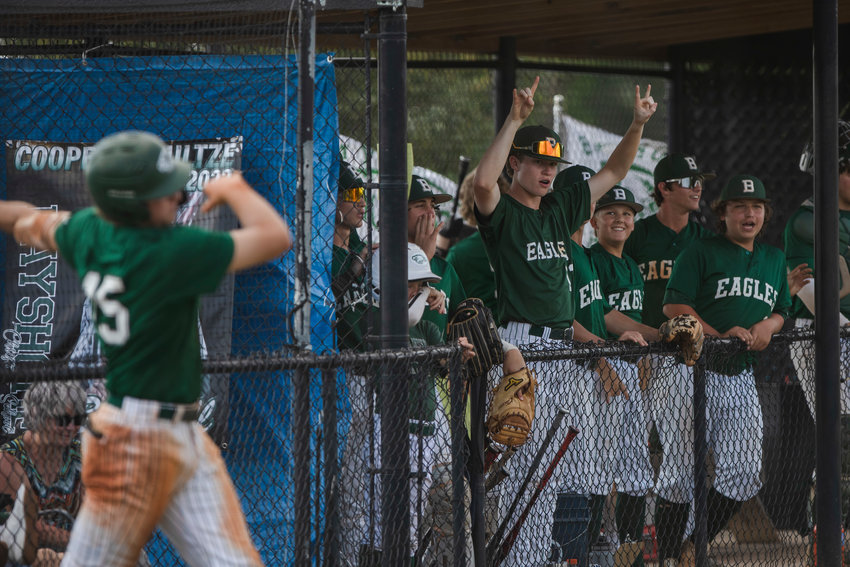 The Bayshore Christian Eagles encourage their teammate from the dugout at Coastal Church in Daphne May 5, 2022, during the Class 1A state quarterfinal series against the Berry Wildcats. Bayshore is set to open the 2023 season against Theodore Thursday afternoon as one of the local defending state champions.