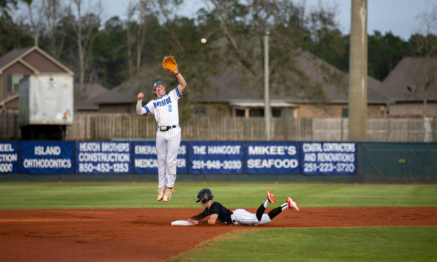 Bayside Academy junior Gatlin Pitts leaps to secure a throw while Spanish Fort senior Blake Smith slides in with a stolen base on the first day of the Prep Baseball Report South Alabama Showdown Thursday, Feb. 23, at the Gulf Shores Sportsplex. The Samford and Coastal Alabama commits were two of a host of top prospects in action last weekend on the Gulf Coast.