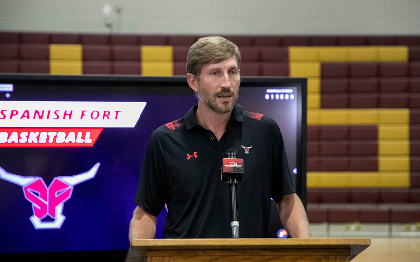 Jimbo Tolbert speaks during the basketball media day event at Robertsdale High School Oct. 16, 2022, as head coach of the Spanish Fort Toros. Last Friday, it was announced he resigned from that post and accepted the same position at Gulf Shores High School.